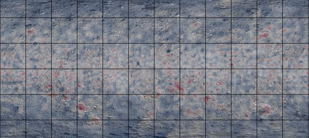 Um mapa global de Bennu destacando material contendo carbono espalhado por 98% da superfície de Bennu. Azul corresponde a pouca absorção, vermelho mostra maior absorção. Não existe um padrão discernível.
Simon et al. Ciência (2020)
